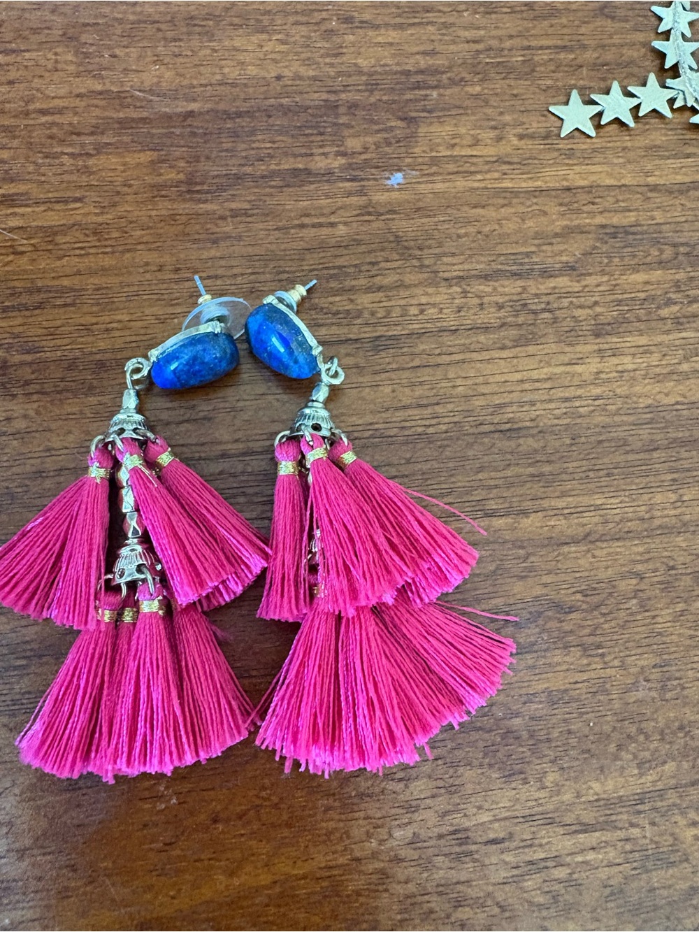 Handmade Pink Tassel Drop Earrings with Blue Stone Accent